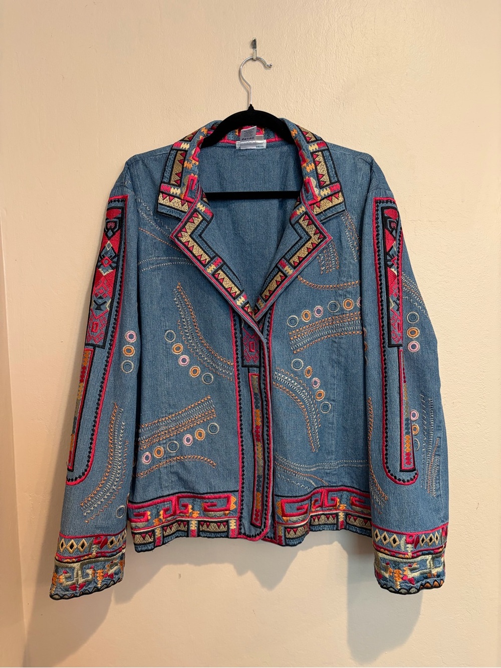 Funky and Eclectic Geometric Colorful Embroidered Denim Jacket, Size XXL